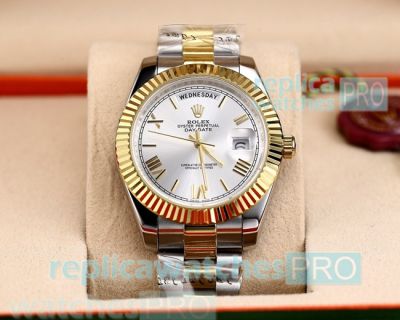 Rolex Day-Date Men's 2-Tone Replica Watch - Silver Dial Yellow Gold Bezel